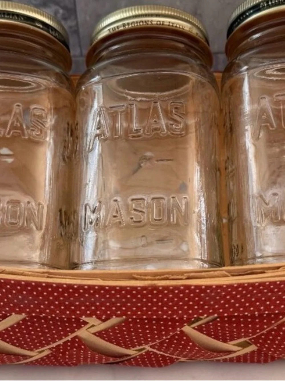 Rustic Primitive Farmhouse Red Ribbon Basket w/ Mason Jars Like New Final Sale